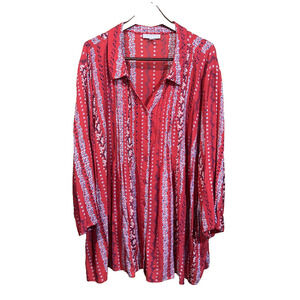 Woman Within Floral Cottagecore Pintuck Roll Tab Tunic Sz 5X Red Flowy Relaxed